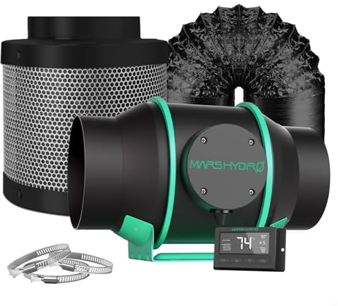 MARS HYDRO 150 mm Rohrventilator/Rohrlüfter mit Filter Set, Temperatur-und-Feuchtigkeitsregler, 25 Fuß Abluftschlauch – Abluftventilator für Growzelte und Hydroponik