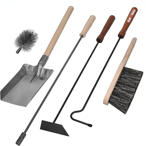 KOTARBAU® Utensilios de chimenea, estufa, 5 herramientas: Rascador de ceniza, Atizador, Escobilla, Cepillo de acero con varilla, Pala de carbón, Limpieza de chimenea, Accesorios para limpiar chimenea