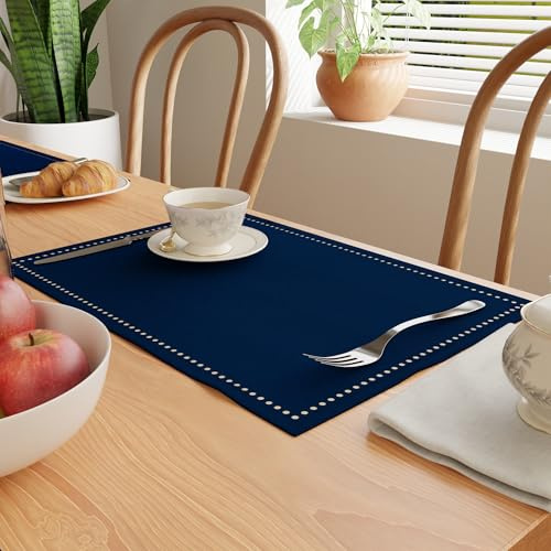 Encasa XO Juegos de Manteles de Mesa Set de 4 | Diseño de Hilo Bordado en Puro Algodón | Azul escocés | Tamaño Rectangular 48x32 cm - Mantel Individual | Lavable a Máquina