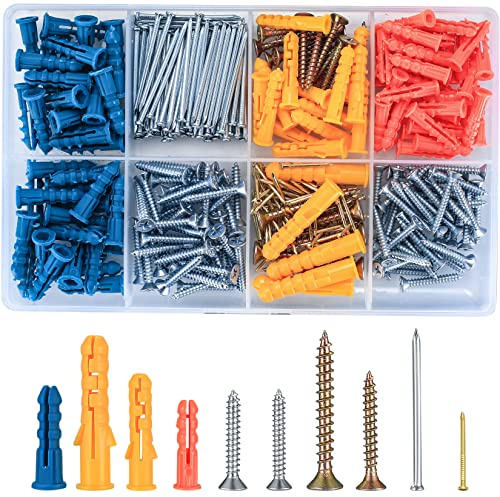360 Pcs Drywall Anchors and Screws Kit, Chipboard Fish-Type Plugs, Plasterboard Mount Flat Head Self-Tapping Fixings, Wood Screws and Nails