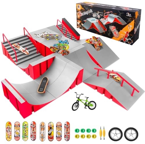 CS COSDDI Finger Skateboard Park Kits,14 in 1 Skateboard Finger Toys with 8 Finger Skateboards & 14 Skatepark Deck Ramp,Finger Bike for Boys or Girls Gift,Mini Finger Skateboards Ramp Accessories Set