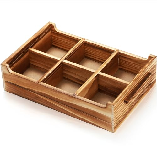 DEAYOU Wood Sugar Packet Organizer, Wooden Tea Bag Box Holder, Wood Tea Bag Chest with 6 Compartments, Countertop Divided Storage Container Caddy Case for Coffee Station, Small Packet, Pine Wood