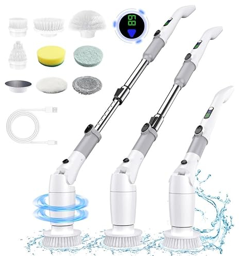 Spazzola Elettrica Rotante per Pulizia, Spazzola per Pulizia Elettrica Senza filo Velocità di 550 RPM Velocità con 8 Testine Intercambiabili e Manico Regolabile per Pulizia Per bagno, Cucina, Auto