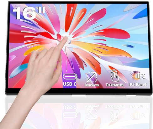 Akntzcs Touchscreen Portable Monitor 16 Inch Full HD 1920x1200P Touch Screen USBC Monitor IPS Display, 300cd/m², External Portable Monitor for PC Laptop Phones Computer Ras Pi, Built-in Kickstand