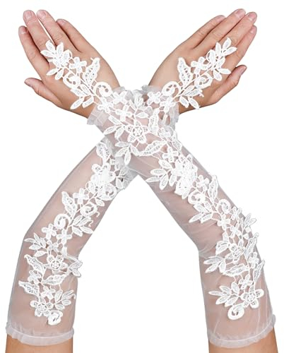 Telooco Blumen Spitzenhandschuhe Weiß Damen Ellenbogenlänge Spitze Handschuhe Lang Fingerlose Handschuhe Blumen Braut Abschlussball Handschuhe für Hochzeit Party Halloween Cosplay