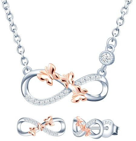 MICMIF Set di collana e orecchini infinito con farfalle in argento 925, con zirconi parure di gioielli da donna, Orecchini a perno con infinito e farfalla e collana con ciondolo