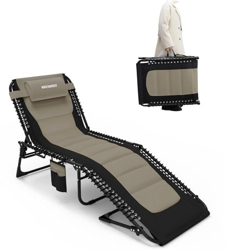 WKFAMOUT Chaise Longue Pliante 5 Positions Réglable avec Poche Amovible et Oreiller Bain de Soleil Pliable Charge Max 120kg pour Camping Plage Jardin Extérieur 190x59CM Kaki