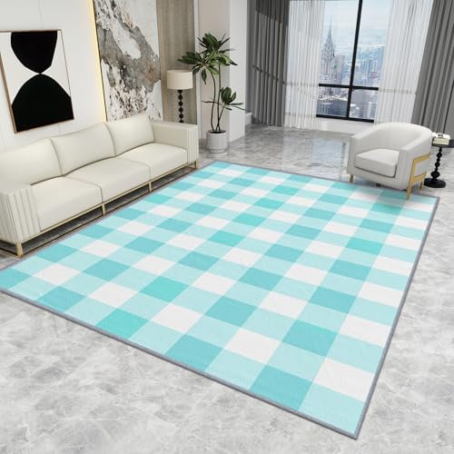Blauer und weißer Büffelteppich, geometrisches Gingham-Karo-Teppich für Heimdekoration, waschbar, rutschfest, weich, groß, Büffelkaro, Geschenk für Wohnzimmer, 100 x 150 cm