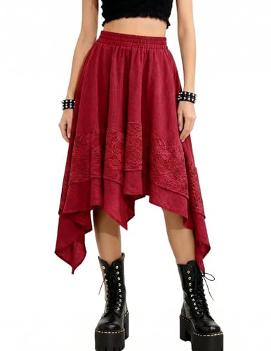 Bridesmay Medieval Renaissance Skirt Asymmetrical High Low Flowy Swing Fairy Skirts Gothic Pirate Costume Burgundy L