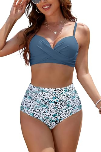 SHEKINI Maillot Bain Femme 2 Pieces Taille Haute Femme Bikini Set avec Armature Push Up(M, Imprimé Bleu)