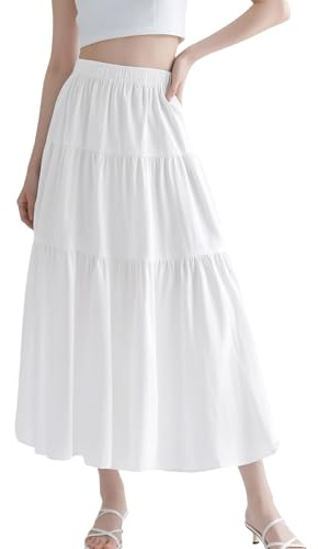 Fiohiros Gonna Lunga Donna Estiva Gonna Maxi Boho Chic con Vita Elastica Gonna Bianca a Ruota