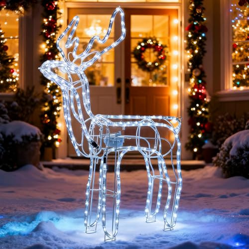 LEDYA Reno de Navidad con Cabeza Animada, 216 LED Blanco Frío, Grande 89 cm Reno Iluminado, Decoración Navideña Interior/Exterior con Temporizador, Alimentación a Red para Hogar, Jardín o Porche