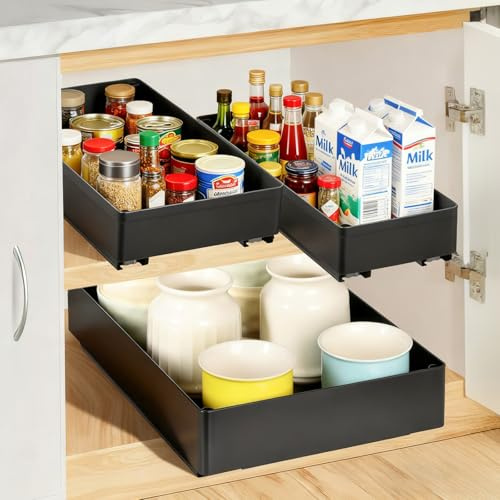 Cozary Teleskopschublade Organizer mit Dämpfungssystem – 3 Größen (13/18/27x40x7 cm), Ausziehbares Schubladenregal für Küchenschrank/Schrank, Einfache Montage,Schwarz