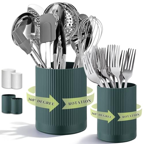 HOMQUEN 360 ° drehbarer Geschirrhalter, 16 + 12cm Tischplatte Kunststoff Küchenutensilienhalter, Küchendekoration mit großer Kochgeschirrschalle, küchenutensilienhalter, 2 Stück (Grün)