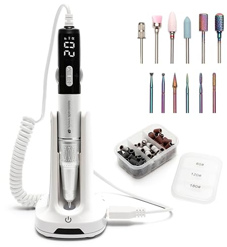 Rio Salon Pro Electric Nail File with Ceramic & Tungsten Nail Drill Bit Set, Cordless 35,000 RPM 6 Bits – Professional Manicure & Pedicure Tool for Gel & Acrylic Nails