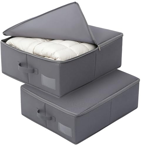 LAJIAKE Unterbett Aufbewahrung 2er Set, 52x44x19 cm, Faltbare Aufbewahrungsboxen für PAX Kleiderschrank, Stoff Box mit Sichtfenster & Reißverschluss, Kleidung, Bettdecken, Winterkleidung, Grau