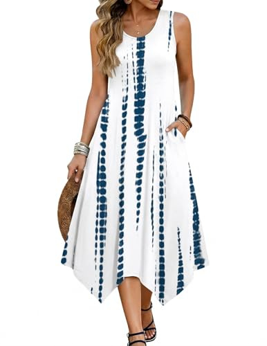 Zeagoo Robe d'été pour Femme Robes sans Manches Col Rond Robe Blanc Bleu L
