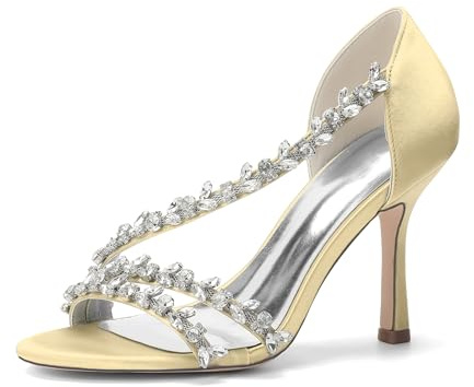 Genérico Sandalias de Novia Mujer con Cristales Brillantes y Tacón Stiletto 9,5 cm, Zapatos Elegantes Satinados para Boda y Fiesta,Amarillo,43 EU