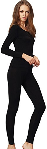 Liang Rou women's U-cut stretch thin underwear set, leggings and long-sleeved shirt - Black - Small