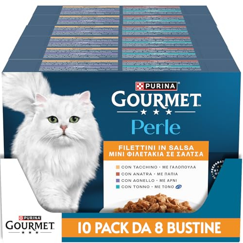 GOURMET Perle Cibo Umido per Gatti Adulti Filettini in Salsa con Tacchino, Tonno, Anatra, Agnello 80 Buste da 85g