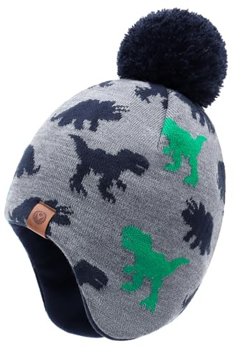 Duoyeree Kids Beanie Hat for Boys Girls Pom-pom Kint Hats Cozy Lining Winter Skull Cap,Dinosaur, 4T-7T