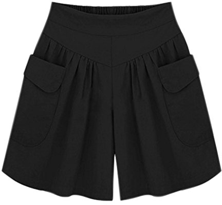 Women Summer Loose Casual Shorts Culottes Elastic Waist Wide Leg Shorts with Pockets (UK 16/Tag 3XL) Black
