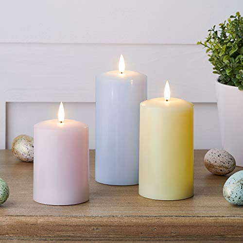 Lights4fun Set of 3 Pastel Easter TruGlow® Battery Operated LED Flameless Pillar Candles Real Wax Timer & Remote