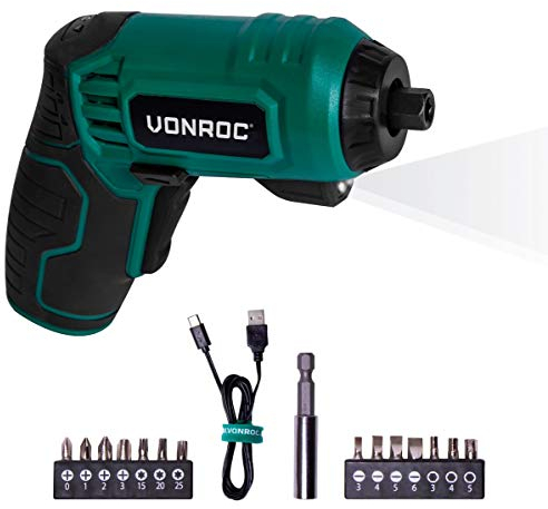 VONROC Tournevis Électrique Sans Fil 4V – Compact, Léger et Puissant – 5Nm, 200tr/min – Batterie Lithium 1.5Ah Intégrée – Éclairage LED, Mandrin Magnétique, 14 Embouts Inclus – USB-C – Modèle CD507DC
