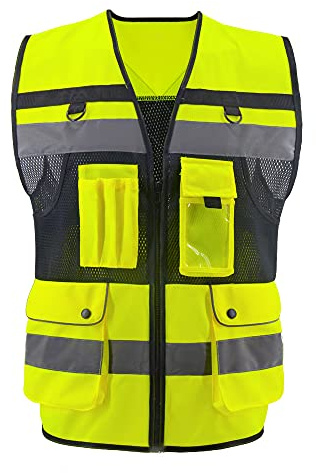 OPLERAI Safety Vest Reflective Construction Vests with 7 Pockets and Zip High Visibility Vest for Men Hi Vis Mesh Work Vests Meet ANSI/ISEA 107-2020 Class 2(Yellow L)
