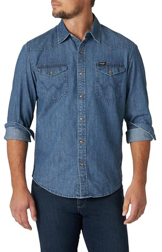 Wrangler herr Iconic Denim Regular Fit Snap Shirt Skjorta med knappar