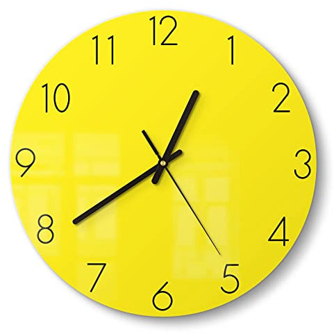 DEQORI Glasuhr | rund Ø 30 cm | Unifarben - Gelb | ausgefallene leise Design Uhr aus Glas | Wanduhr für Wohnzimmer & Küche | Moderne Hingucker Uhr für die Wand