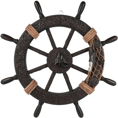 VOSAREA Nautical Wheel Decor Rustic Boat Steering Wheel Vintage Fishing Net Wall Sculpture Rudder Hanging Ornament Nautical Boat Steering Rudder Pendant for Home and Office (17.68X17.68X0.59in)