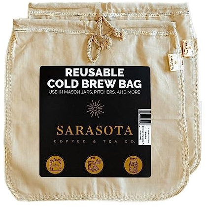 (2-Pack, Large 12in x 12in) Cold Brew Coffee Filter Bag for Mason Jar, Reusable, 100% Organic Cotton Cloth with Drawstrings, For Straining Coffee, Tea, Nuts, Milk, Cheese, 2 Pack