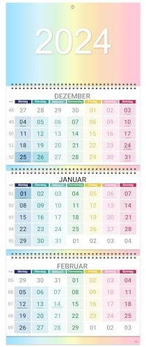 Colorage 3 Monatskalender 2024 - Wandkalender 2024, Monatskalender von Dezember 2023 bis Januar 2025, 79.5 x 29.5 cm, Mehrfarbig