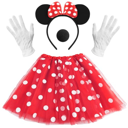 Costume de souris pour femme, oreilles de souris avec nœud rouge, robe de ballet + bandeau + gants + nez, tutu rouge à pois blancs, robe en tulle pour enfant pour carnaval, cosplay, fête d'Halloween