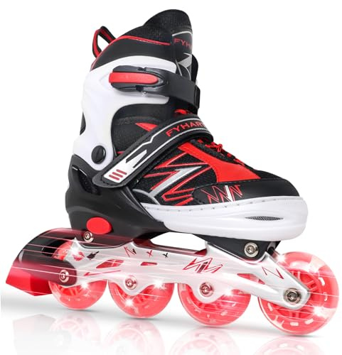 LEJIJIT Adjustable Kids Inline Skates for Girls Boys Children Beginners, Black & Red Inline Skates with Light Up Wheels for Kids and Youth for Indoor Outdoor Sports (Large)