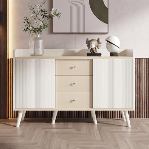 Merax Commode en bois moderne avec portes coulissantes, armoire à 3 tiroirs, pour salon, salle à manger et chambre à coucher, 117,5 x 39,5 x 80 cm, blanc et couleur bois