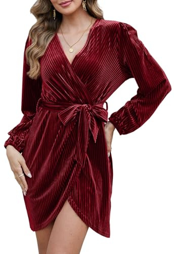 Yutdeng Robe en Velours Femme Courte Soirée Chic Élégante Hiver Rétro Manches Longues Cocktail Col en V et Ceinture Fête Moulante Bal Sexy Noël Mariage Automne