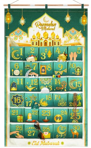 DPKOW 30 Ramadan Calendar with Pockets, Reusable Fabric Ramadan Advent Calendar Empty to Fill Hanging for Wall Home Ramadan Decoration, Ramadan Countdown Calendar for Gifts, Green Gold