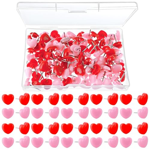 100 stycken flerfärgade häftspikar, häftstift i hjärtform, anslagstavla med 1,2 cm stålspets, häftstift för foton, affischer, korkplattor, hantverk, röd och rosa