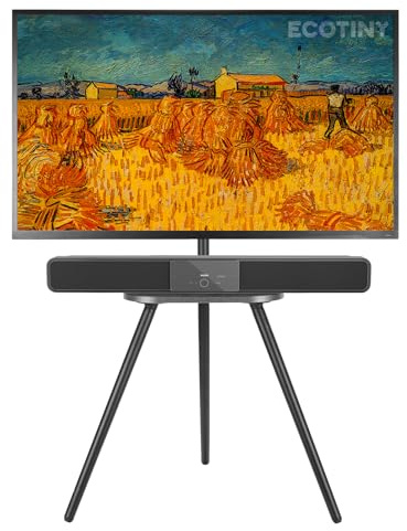ECOTINY Tripod Easel TV Stand for 43 to 65 Inch LCD Led Screen, Height Adjustable and Swievel TV Stand, Portable TV Floor Stand with Wooden Tray for Bedroom, Living Room, Studio, Metal Black