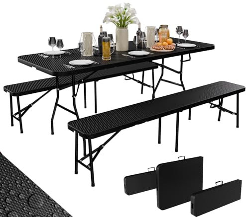 24MOVE® Klappbare Bierzeltgarnitur 3-teilig - 180 cm Tisch + 2 Bänke, Kunststoff Rattan-Look - Leicht tragbar mit Griffen - Ideal für Garten, Camping & Feste für drinnen & draußen