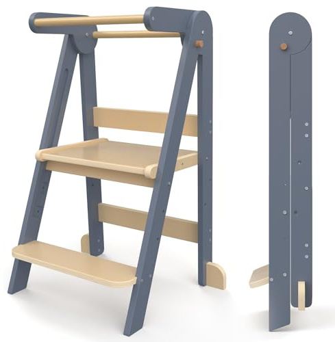 Wooden Toddler Standing Tower, Adjustable Kitchen Helper Step Stool(Gray) | Folding design with 3-level height, safety guardrail and anti-tip protection,Ideal for Family Mealtime & Kitchen