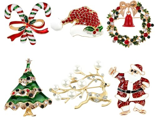 6 Piezas Pin Broches de Navidad, Broche de Diamantes de Imitación Decoraciones Navideñas de Cristal para Ropa, Papá Noel Árbol Broches Adornos Regalos Joyería Navideños para Mujer Niña Niños