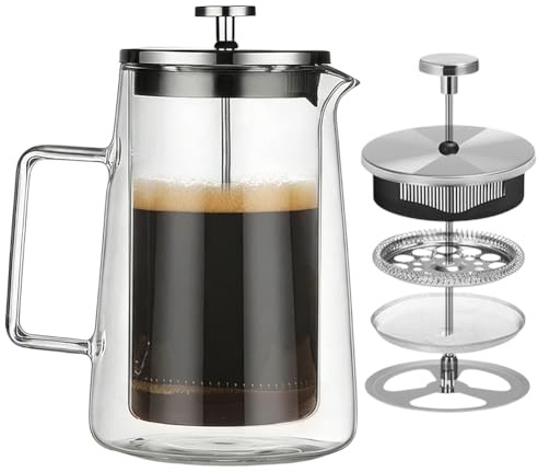 FARYODI Prensa de café francesa, 1 litro, filtro fijo de vidrio de acero inoxidable, diseño de doble pared, apto para lavavajillas, resistente a altas temperaturas para café y
