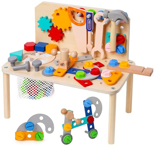 Banco de Herramientas de Madera Montessori para niños 2+ años, Banco de Trabajo Infantil con 105 Piezas, Tornillos, Tuercas, Engranajes y Accesorios de construcción, Juguete Educativo para Regalo