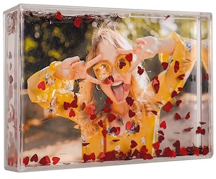 Demark - Marco para fotos acrilicos con agua y en el interior purpurina, corazones o nieve, Marco para navidad. (Corazón)