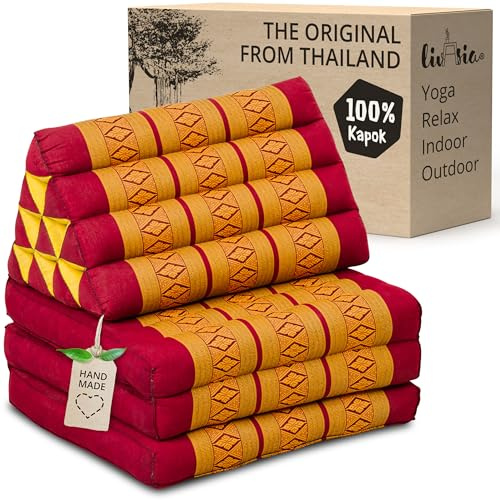 livasia Thai cushion with 3 seat rests - 69x20x3.1″ - Triangle cushion with folding mattress, Wedge cushion, kapok, Back support cushion, folding, Thai mat, folding, Hand made (Red/Yellow)