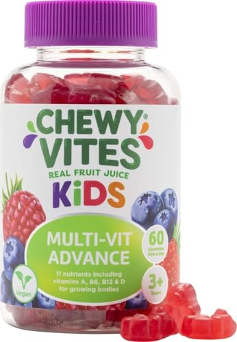 Chewy Vites Kids Multivitamin Advance, 60 Kids Vitamins Gummies, 11 Essential Nutrients, 2 Months Supply, Real Fruit Juice, Vegan, Age 3 +, Blueberry and Raspberry Flavour