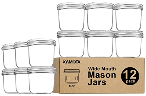 KAMOTA Wide Mouth Mason Jars 8 oz, 8oz Mason Jars Canning Jars Jelly Jars With Wide Mouth Lids and Bands, Ideal for Jam, Honey, Wedding Favors, Shower Favors, 12 PACK